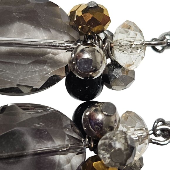 Elegant Retro Faceted Beaded Dangle Earrings Smoky Gray Gold Accents Jewelry - Picture 2 of 3
